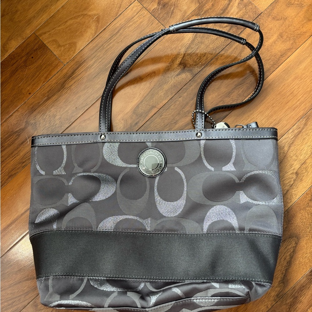 Coach Gray Monogram Tote with Leather Accents